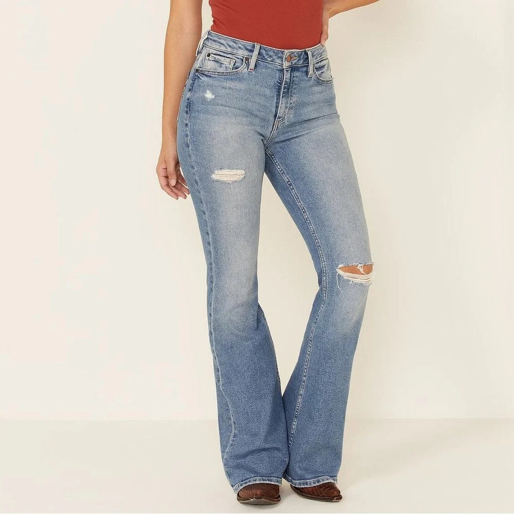 Women's Light Blue Distressed Flare Jeans